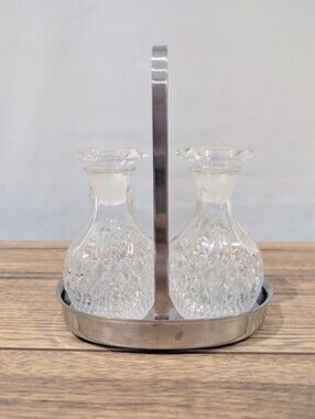 Vintage Kamei Crystal Oil/Vinegar/Dressing Cruet Bottles In SS Carrier By Oneida